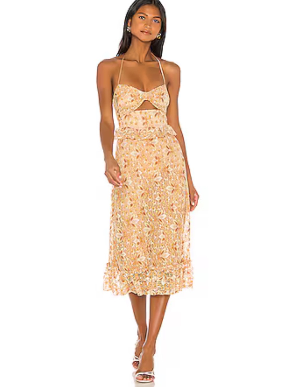 MAJORELLE Peach Floral Cutout Halter Midi Dress